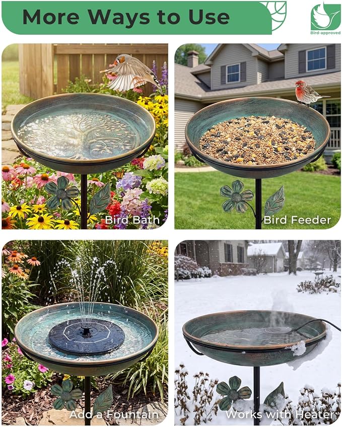 Metal Bird Bath for Outside 12" Tree of Life Birdbath Bowl with Stake | Adjustable Height Vintage Outdoor Bird Bath | Rust Resistant Easy to Clean for Garden Yard Lawn Decor Decor, Green