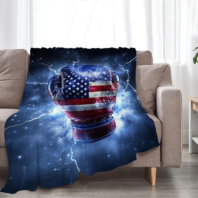 Boxing Throw Blanket Cozy Plush American Flag Gloves Blankets Flannel Fleece Lightweight Fuzzy Party Blanket Gifts for Girls Women Men Boys 80"X60"