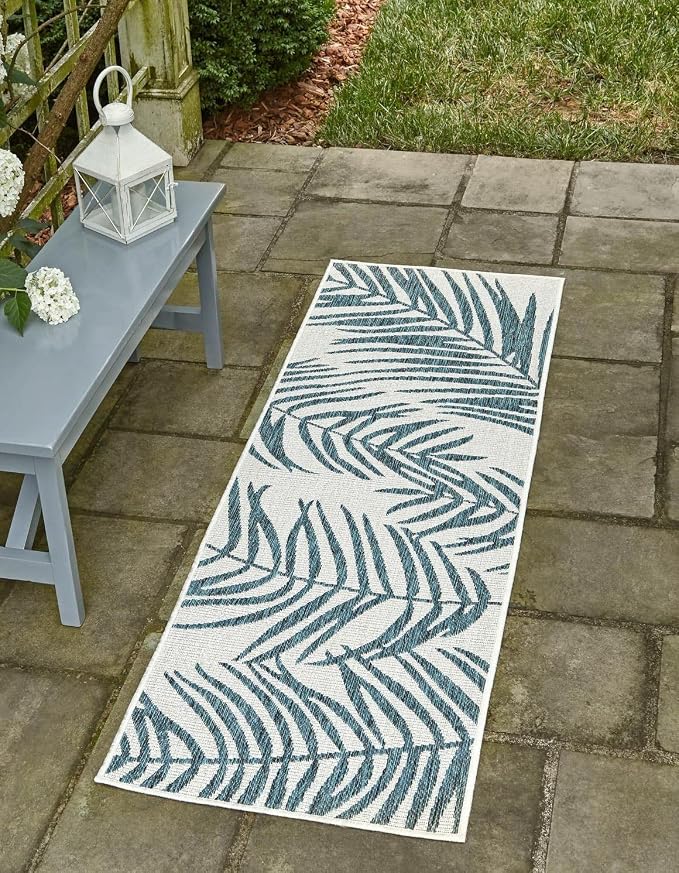 Unique Loom Outdoor Botanical Collection Area Rug - Palm (2' x 6' 1" Runner, Teal Ivory)
