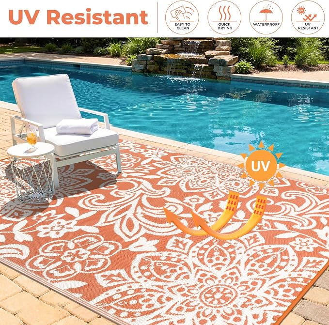 Findosom Waterproof Outdoor Rug 5' x 8' - Reversible Mandala Outdoor Plastic Straw Rug, Durable Foldable Patio Rug for RV, Deck, Balcony, Backyard, Picnic, Porch, Camping, Beach, Orange