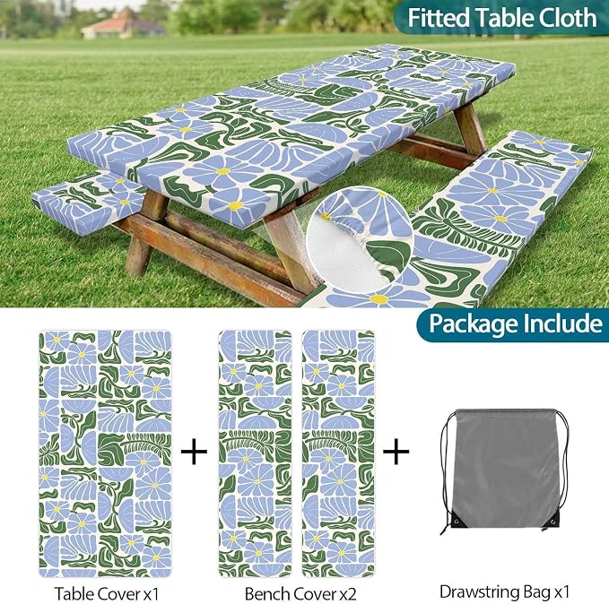 Picnic Table Covers with Bench Covers Boho Patchwork Blue Green Flower Pattern Camping Tablecloth Fitted Picnic Table Cover with Elastic Windproof Waterproof, Camping Accessories Outdoor, 96In 3PCS