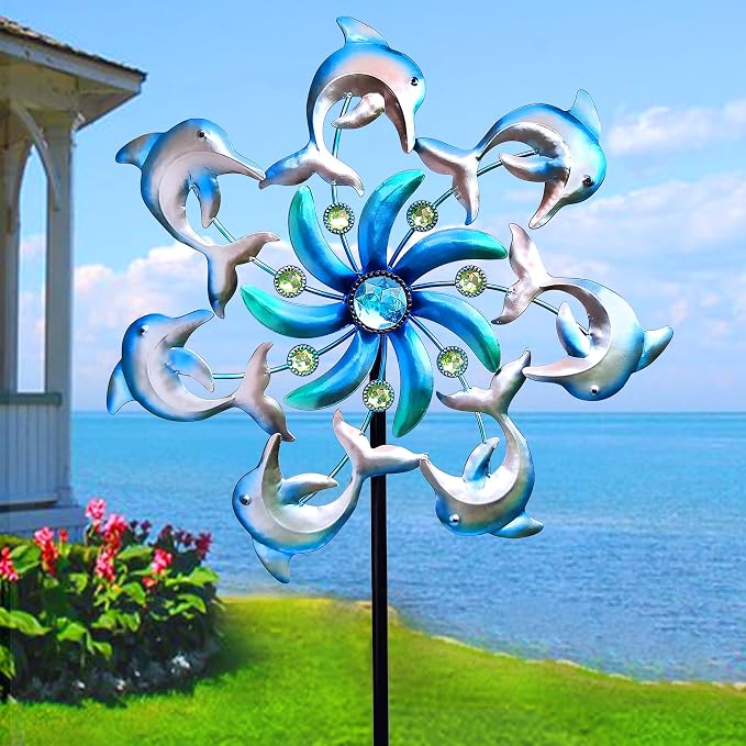 Dolphin Wind Spinners Garden Stake, 39" Metal Dolphins Wind Spinner Outdoor Decorations- Outside Lawn Stake Wind Sculptures for Yard Patio,Lawn & Garden Art Decor
