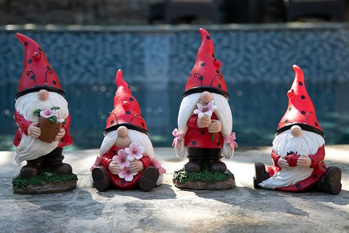 Exhart Garden Gnome, Ladybug Red Hat Solar Garden Statue Sculpture with Lady Bug, 4 LED Lights, Outdoor Lawn and Yard Decoration, 5.5 x 7 x 9.5 Inch