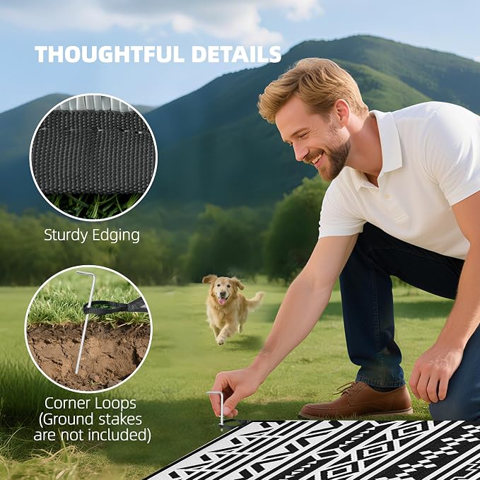 Outsunny Outdoor Rug for Patio, 9' x 18' Waterproof Large Mat, Reversible Plastic Straw Rug for Decor, Portable Outside RV Camping Area Carpet Mat for Backyard Porch Deck Picnic, Black White Geometric