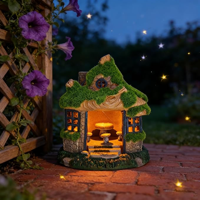 COWOS Fairy Garden House, Flocked Moss Miniature Cottage for Outdoor Yard Decor, Weather-Resistant Resin Forest House with Mushroom Furniture, Fairy Garden Accessories for Patio, Lawn, Home, and Gift