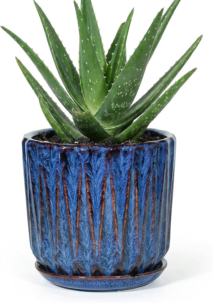 7.5 Inch Ceramic Planter Pot with Saucer Drainage Leak-Proof Mesh,Flower Pots for Indoor Plants with Gardening Gloves,Ceramic Planter(Peacock-Blue)