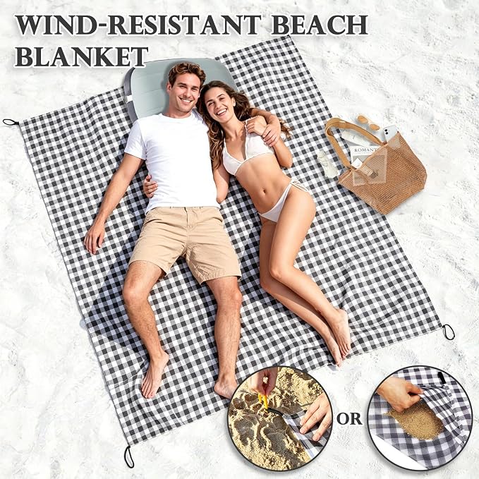 Fammart Pocket Picnic Blanket Sandproof Waterproof, Portable Lightweight Camping Tarp, Quick Dry Foldable Compact Beach Mat with Corner Pockets & Stakes for Festivals Hiking Outdoor Essentials
