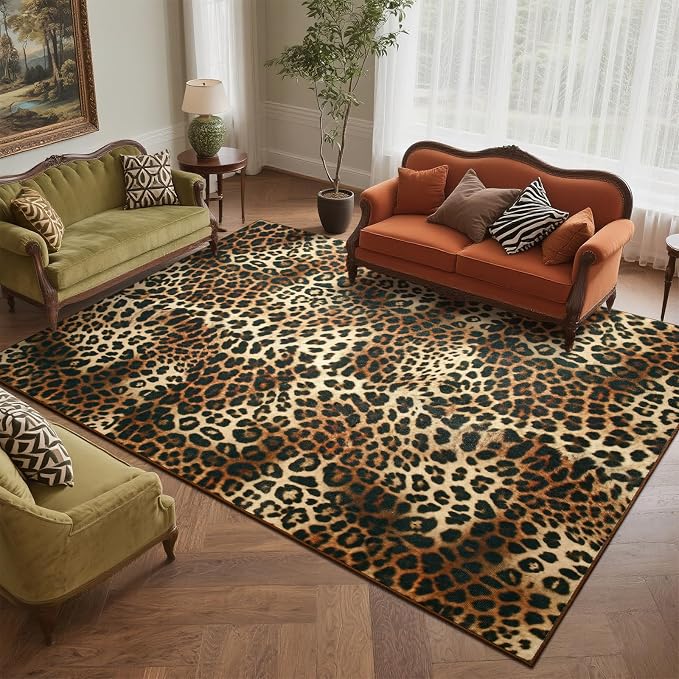 DweIke Leopard Rugs for Living Room, 4x6 Cheetah Print Rug for Bedroom Decor, Washable Non-Slip Stain Resistant Faux Animal Throw Carpet for Dining Room Office Western Home, Dark Brown