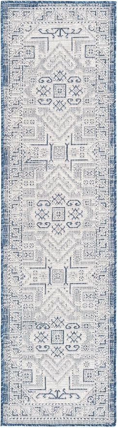 Unique Loom Outdoor Aztec Collection Area Rug - Coba (2' x 7' 10" Runner, Blue/ Ivory)