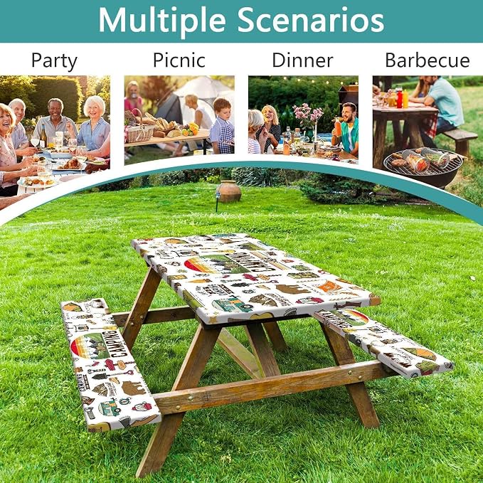 Picnic Table Cover with Bench Covers Camper RV Camping Essentials Waterproof Windproof Camping Tablecloth with Drawstring Bag, Fitted Rectangle Tables and Seats White，72" x 30" inch