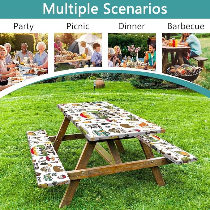Picnic Table Cover with Bench Covers Camper RV Camping Essentials Waterproof Windproof Camping Tablecloth with Drawstring Bag, Fitted Rectangle Tables and Seats White，60" x 30" inch
