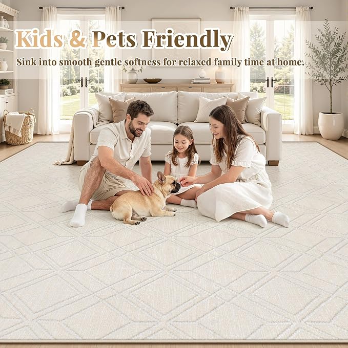 9x12 Area Rugs Washable Rug: Geometric Moroccan Farmhouse Rugs Large Living Room Rug Modern Neutral Soft Non-Slip Printed Pattern Carpet for Bedroom Dining Room Nursery Office (Beige, 9'x12')