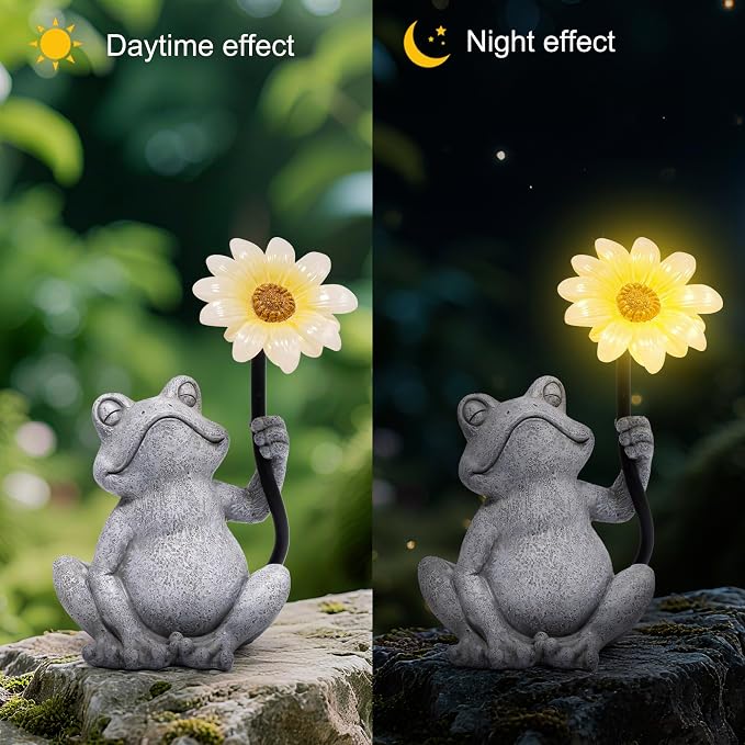 basen Solar Frog Garden Statue with Sunflower Light, Outdoor Solar Frog Figurine Decor for Yard Lawn Patio, Resin Frog Sculpture with LED Solar Lantern for Garden Landscape Ornament