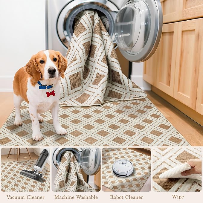 LBRO2M Machine Washable Rug Soft Pet Friendly Carpet 8X10 Brown | Checkered Rug 8X10 for Living Room, Bedroom, Dining Room, Home Office, Non Slip Carpet, Foldable Stain Resistant Rugs