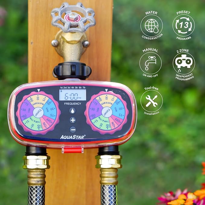 AQUASTAR Two-Zone Hose Watering Timer (Red) Garden Hose Sprinkler Timer, Automatic Irrigation for Lawn, Garden, Yard, Two Outlets