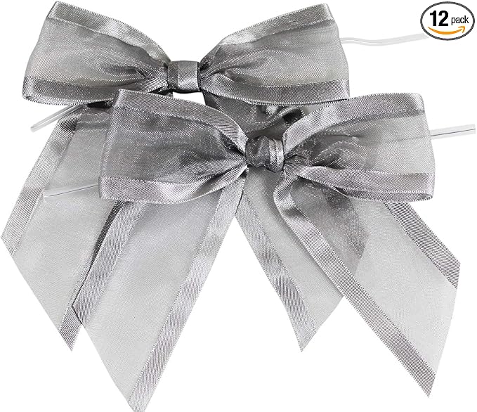 Silver Pre-Tied Organza Bows with Twist Ties. Pack of 12 Satin-Edged Fabric Bows Made of 1-1/2" Ribbon. Bow Measures 4" Wide (12, Silver)