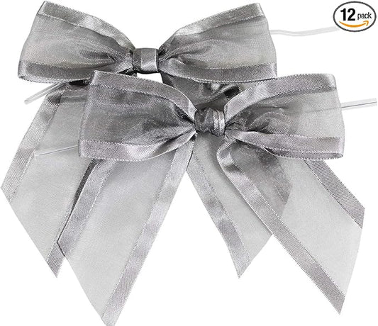 Silver Pre-Tied Organza Bows with Twist Ties. Pack of 12 Satin-Edged Fabric Bows Made of 1-1/2" Ribbon. Bow Measures 4" Wide (12, Silver)