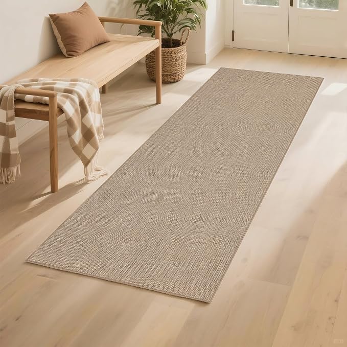 Outdoor Easy Jute Runner Rug: 2x6 Modern Natural Area Rugs for Front Patio Hallway Linen-Look Fabric Durable - Neutral Washable Mat for Entryway Kitchen Bedroom - Swirl Curved Pattern