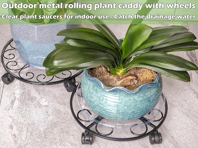 3 Packs 12" Metal Plant Caddy with Wheels Large Rolling Plant Stands Indoor Wheeled Plant Dolly Heavy-duty Pot Mover Roller Base Outdoor Plant Trolley Cart with Casters Water-proof Dust-proof, Black