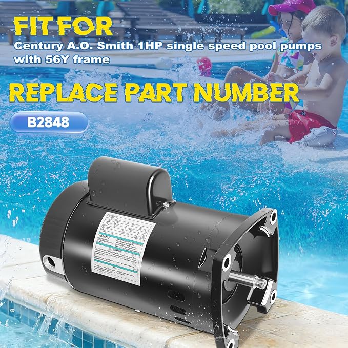 B2848 Pool Pump Motor 1HP 56Y Frame Replacement for Century A.O. Smith | Single Speed 3450 RPM, 56Y Frame, 115/230V Dual Voltage 8.0/16.0 Amps, 1045 Steel Shaft for Century A.O. Smith Pool Pumps