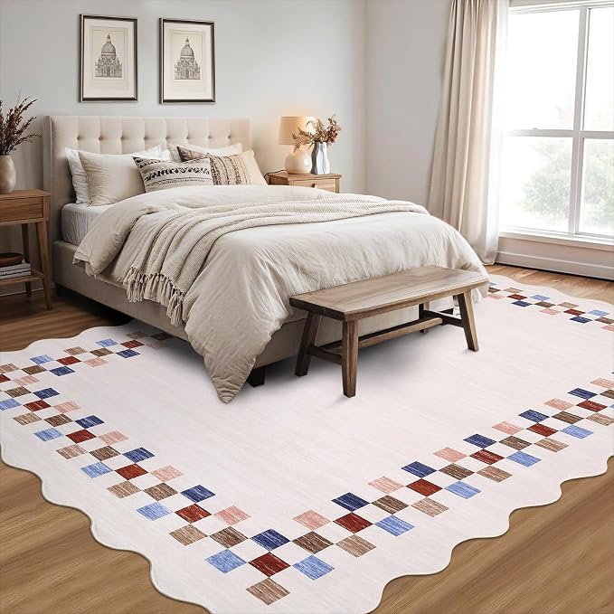 GarveeHome Scalloped Washable Rug 9x12 Area Rug for Living Room Bedroom | Modern Border Large Throw Carpet with Rubber Backing Stain Resistant Neutral Rug for Dining Room Home Decor Office, Colorful