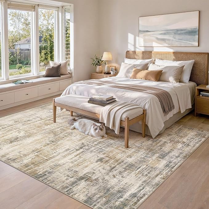 UERMEI 7x9 Area Rug for Living Room Washable Abstract Golden Brown Carpet | Low Pile Non-Slip Soft Neutral Modern Kid Pet Friendly Large Rugs For Bedroom Dining Room Nursery Office Indoor Decor