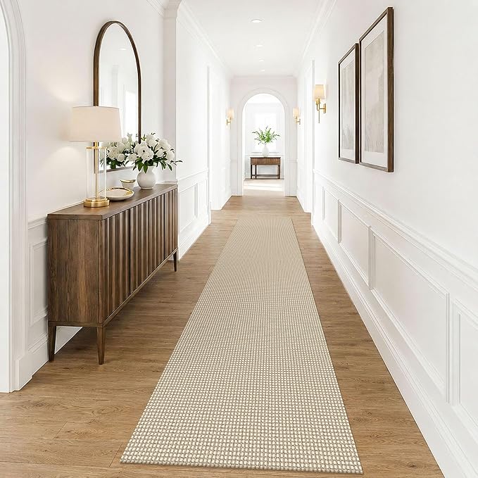 KOZYFLY Cotton 2.5'x12' Runners Rugs for Hallway, Long Washable Runner Rug, Woven Non Slip Kitchen Runner, Braided Entryway Rug, Floor Carpet for Entry, Aisle, Hall, Ivory/Camel/Brown