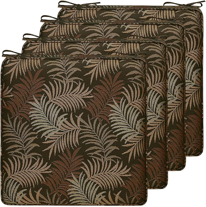 19 x 19 Inch Outdoor Chair Cushions with Tie Straps, Set of 4 Thick Water Repellent Square Patio Chair Pads for Garden Lawn Patio Furniture, Bamboo Leaf Jacquard