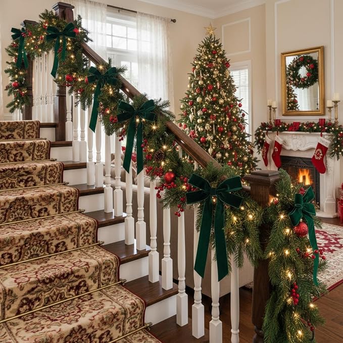 36 Pcs 20 Inches Christmas Garland Ties with Large Velvet Bows Decorative Reusable Twist Tie Bows for Banister Christmas Indoor Outdoor Holiday Wreath Decorations(Dark Green)