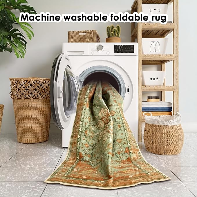 RUGIXE 8'x10' Sage Green/Rust Vintage Boho Washable Living Room Area Rug