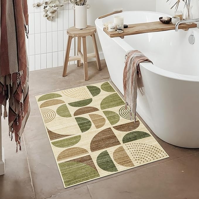 Small Rug Washable,2x3 Area Rugs Non Slip Modern Abstract | Throw Carpet for Entryway Bathroom Entry Entrance Bedroom Kitchen Boho Soft Low Pile Floor Indoor Vintage Green and Brown