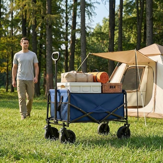 NEWBULIG Collapsible Wagon Cart, 102L Standard, Portable Heavy Duty Pull Cart with Lockable Wheels, 330 lbs Capacity, Adjustable Handle for Beach, Sports, Camping, Shopping & Garden, Blue
