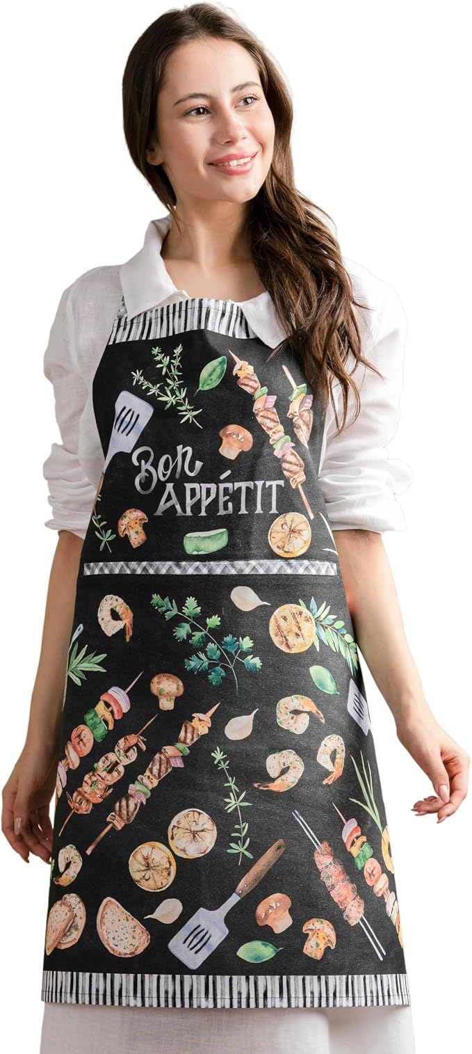 Maison d' Hermine Aprons for women with Pocket 100% Cotton (27.50"x31.50") | Adjustable Neck Strap & long ties Apron Men Chef Wedding Cooking Gardening Server Maid
