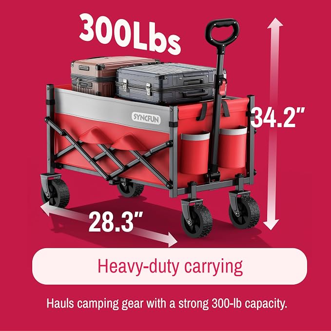 SYNCFUN Collapsible Wagon Cart Foldable, Portable Rolling Shopping Carts on Wheels, All Terrain Folding Sport Beach Wagons for Sand, Heavy Duty Utility Cart for Groceries Fishing 300lbs, Red