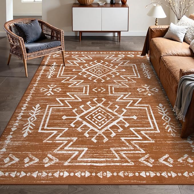 Lahome Vivienne 8x10 Boho Rugs for Living Room, Washable Western Burnt Orange Large Area Rug for Bedroom Dining Room, Soft Stain Resistant Aztec Carpet Fall Rug for Guestroom Office