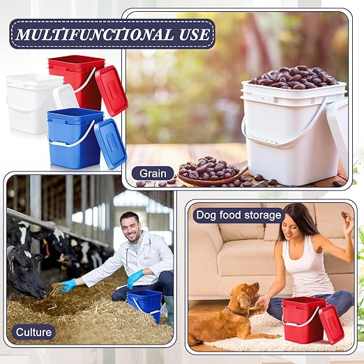 Mumufy 3 Pcs 3.5 Gallon Square Food Grade Bucket with Lid Square Bucket Pail Plastic Handles for Long Term Food Storage, Camping, Fishing, Home Organization Easy Stack and Store (White,Red,Blue)