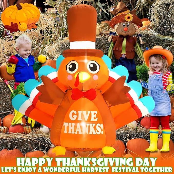 6FT Thanksgiving Inflatable Outdoor Decoration Turkey Inflatable Patio Decoration with Built-in LED Lights, Suitable for Thanksgiving Holiday Party, Patio, Lawn, Garden Winter Decoration