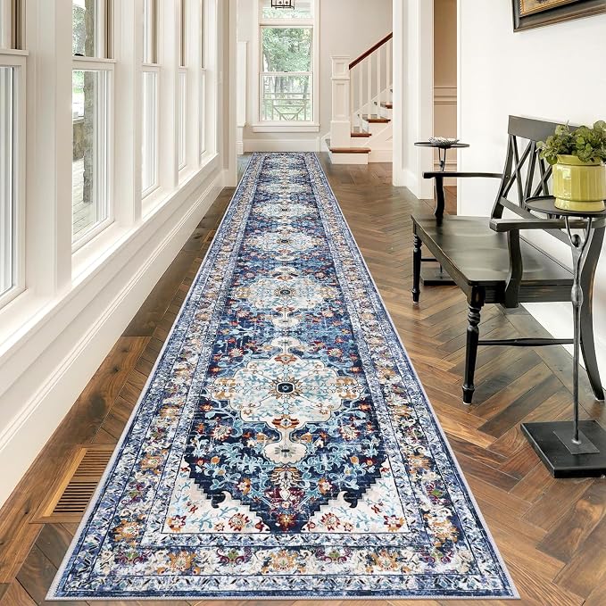 U'Artlines 2.6'x20' Boho Hallway Runner Rug Non Slip Washable Runners,Blue | Vintage Farmhouse Kitchen Rug, Extra Long, Accent Area Carpet for Entryway Laundry and Living Room
