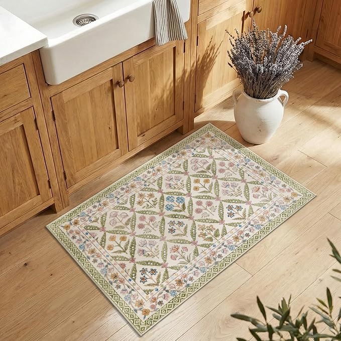 jinchan 2x3 Vintage Floral Washable Accent Entryway Area Rug, Sage Green | Soft & Lightweight, Checkered Floral, Low Pile, Non Slip, Entrance, Kitchen, Bedroom, Laundry Room, Samll, Doormat