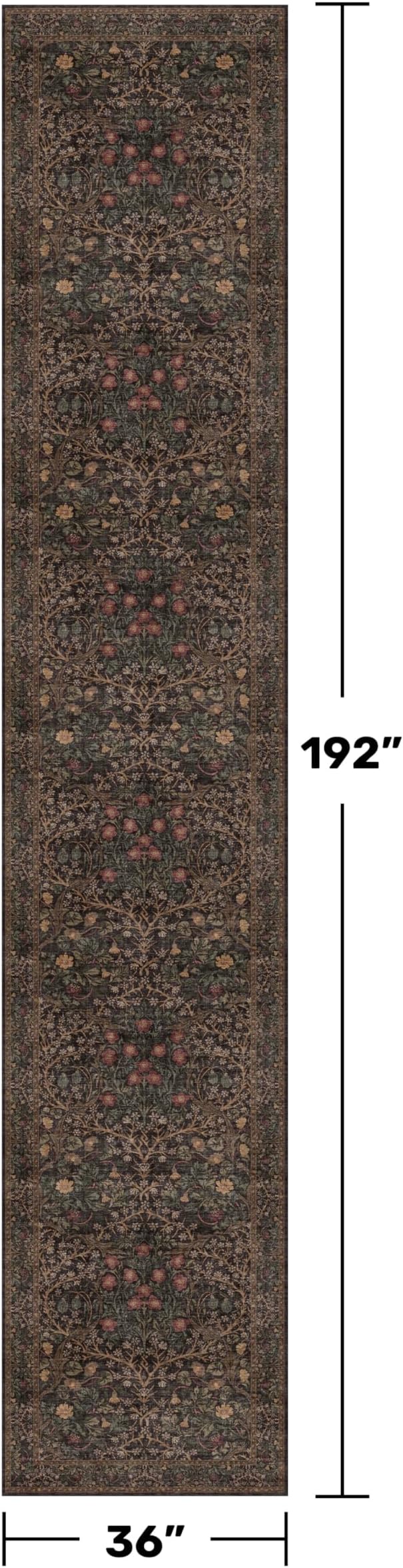 Washable Boho 3x16 Long Runner Rug for Hallway Non Slip, Ultra Thin Large Kitchen Indoor Floor Rugs for Entryway Hall Way, Stain Resistant Low Pile Vintage Brown Floral Carpet