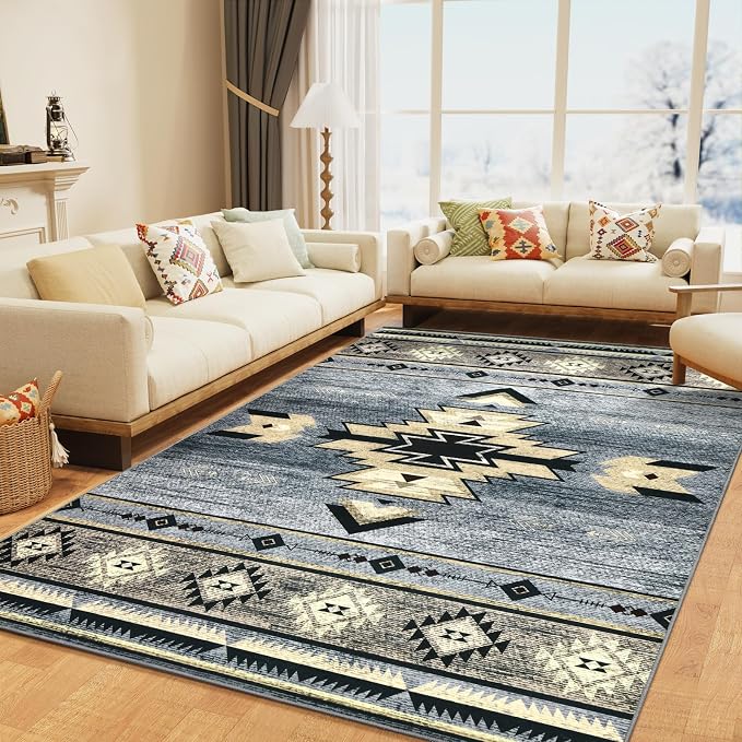 BENRON Western Rugs for Living Room Bedroom 5x7, Non Slip Washable, Grey | Southwest aztec Area Rugs for Dining Table Kitchen Home Decor, Geometric