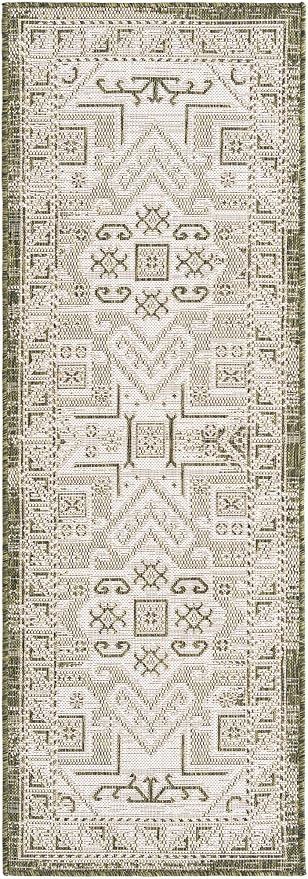 Unique Loom Outdoor Aztec Collection Area Rug - Coba (2' x 6' 1" Runner, Green/ Ivory)