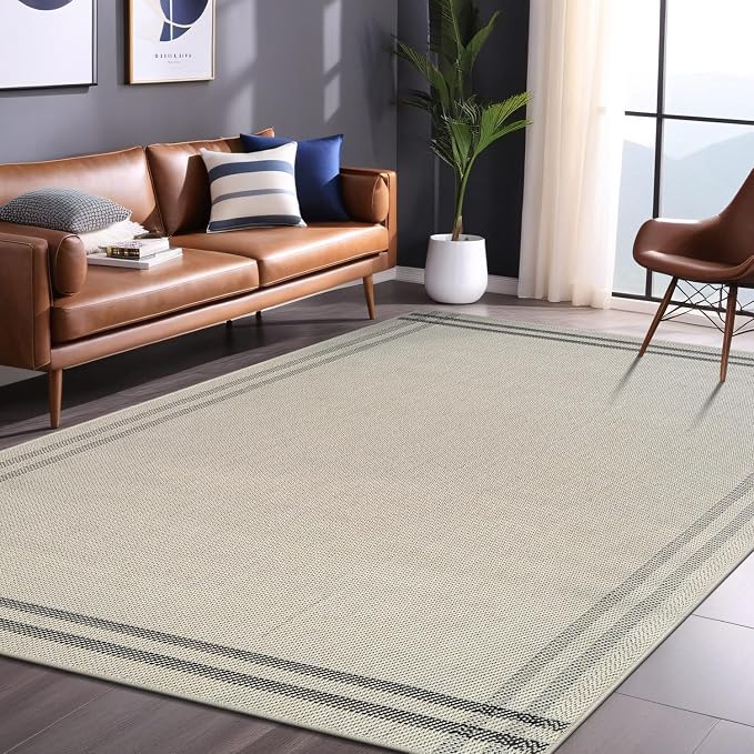 Luul Home Easy Jute Rugs 8x10 Bordered Bone Color Living Room Indoor Outdoor Area Rug for Patio and Kitchen Rug High Traffic Washable Easy to Clean Solid Boho Woven Design Outside Carpet (8 x 10)