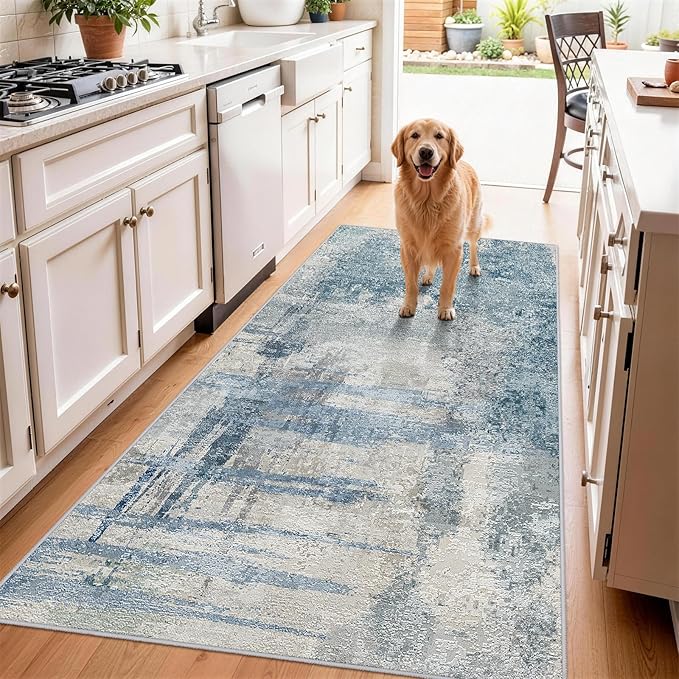 Blue Abstract 3x6 Washable Rug:Non Slip Hallway Runner Rug | Modern Soft Low Pile Neutral Carpet, Perfect for Kitchen, Entryway, Bedroom and Laundry Room