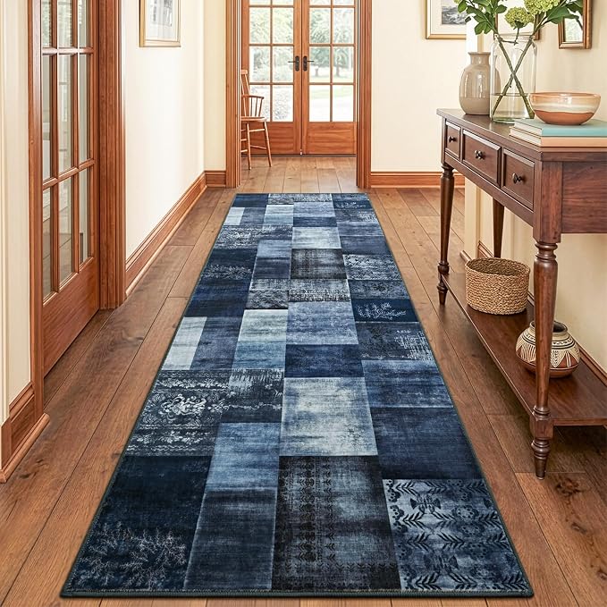 Runner Rug for for Hallways, 2'x6' Washable Kitchen Rugs with Non Slip Rubber Backing, Soft Low Pile Non-Shedding Geometric Carpet for Laundry Bedroom Bathroom, Navy Blue