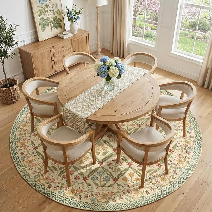 jinchan Round Rug 8ft Vintage Floral Washable Circle Area Rug, Teal Blue | Soft & Lightweight, Checkered Floral, Low Pile, Non Slip, Dining Room, Living Room, Bedroom, Girls Room, Kids Room Decor