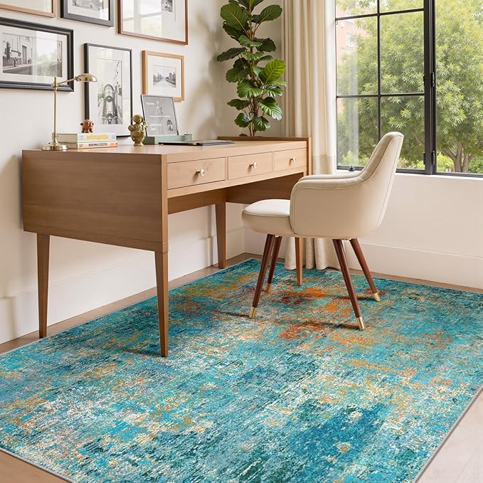 RELEANY Washable 6'x9' Abstract Area Rug for Living Room Teal Multi | Carpet for Bedroom, Kitchen, Office, Hallway and Entryway, Printed Pattern, Non‑Slip, Soft, Stain‑Resistant, Easy to Clean