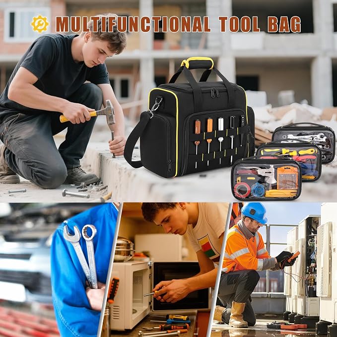 Marscamd Tool Bag with 3 Removable Cases, 2 Layers Tool Tote for Hand Tools, Black with Yellow Binding