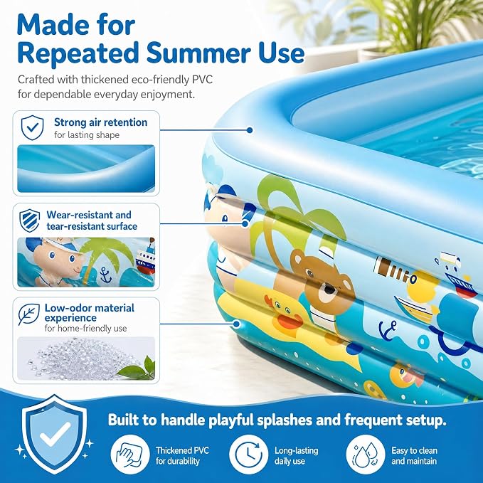 Heavy Duty 4-Ring Inflatable Family Pool 118x69x26 Inches Blow Up Swimming Pool for Backyard Garden Summer Water Party