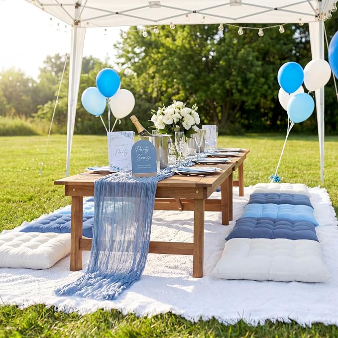 8 Pcs Fit for 6 People 91 x 71'' Extra Large Outdoor Picnic Blanket with Blue White Table Runner and Floor Pillow Cushion Fit for 6 People Picnic Wedding Birthday Baby Shower Backyard Decor